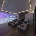 Elegant SPA Sauna Interior With Purple Lit Glass Block Wall Wooden Loungers And Light Strips