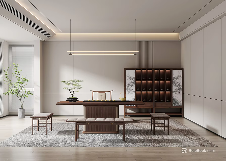Modern Tea Room Interior Design With Wooden Tea Table Stools And Green Plants 3d model 