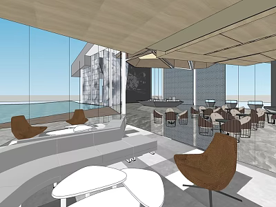 Modern Sales Office Interior Design With Large Windows Sofas And Wooden Tables 3d model