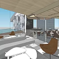 Modern Sales Office Interior Design With Large Windows Sofas And Wooden Tables