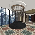 Hotel Lobby Elegant Interior With Circular Ceiling Mountain Mural Central Seating And Patterned Floor 3d model