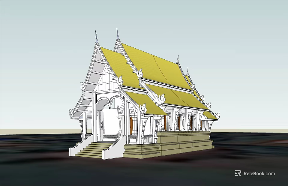 Ancient Architecture With Yellow Roof White Walls Traditional Steps And Decorative Eaves 3d model 