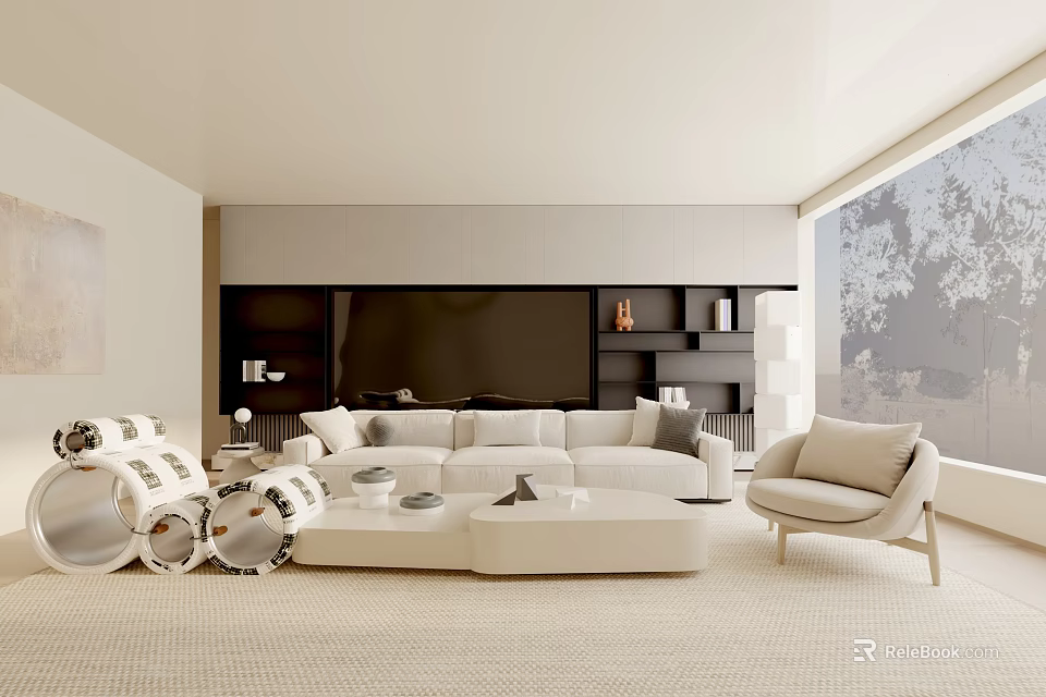 Modern Living Room Interior With Light Sofa Beige Armchair Coffee Table And Dark TV Stand 3d model 