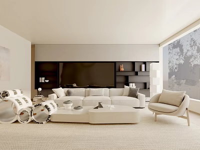 Modern Living Room Interior With Light Sofa Beige Armchair Coffee Table And Dark TV Stand 3d model