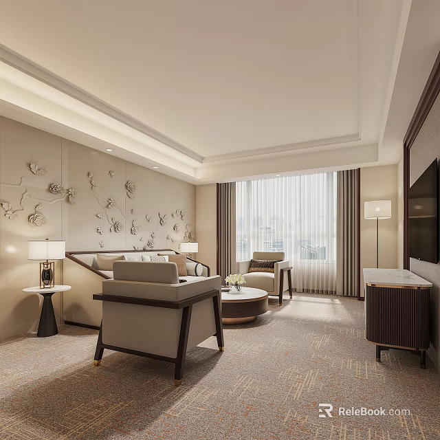 Elegant Hotel Room Interior With Sofa Chair Coffee Table And Floor To Ceiling Window 3d model 
