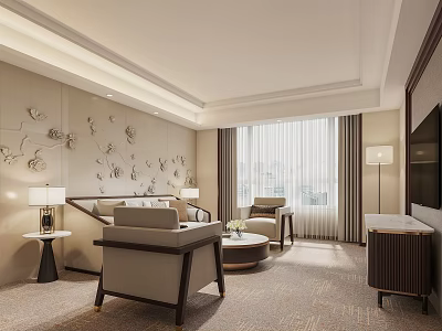 Elegant Hotel Room Interior With Sofa Chair Coffee Table And Floor To Ceiling Window 3d model