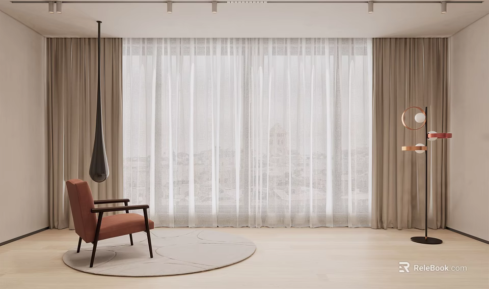 Lightweight Sheer White Curtain In Modern Living Room With Accent Chair And Floor Lamp 3d model 