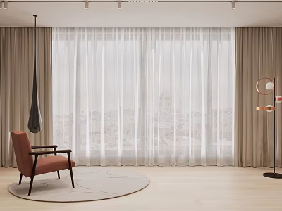 Lightweight Sheer White Curtain In Modern Living Room With Accent Chair And Floor Lamp 3d model