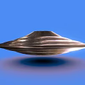 Shiny Silver Metallic Flying Saucer Object Floating On Blue Background