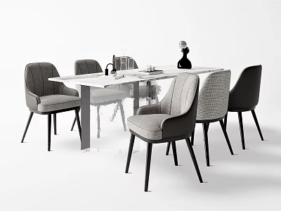 Modern Dining Table Set with Six Gray Fabric Chairs and Decorative Vase 3d model