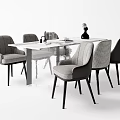 Modern Dining Table Set with Six Gray Fabric Chairs and Decorative Vase