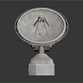 Large Circular Metallic Satellite Dish Antenna With Central Mechanism And Square Base Pedestal