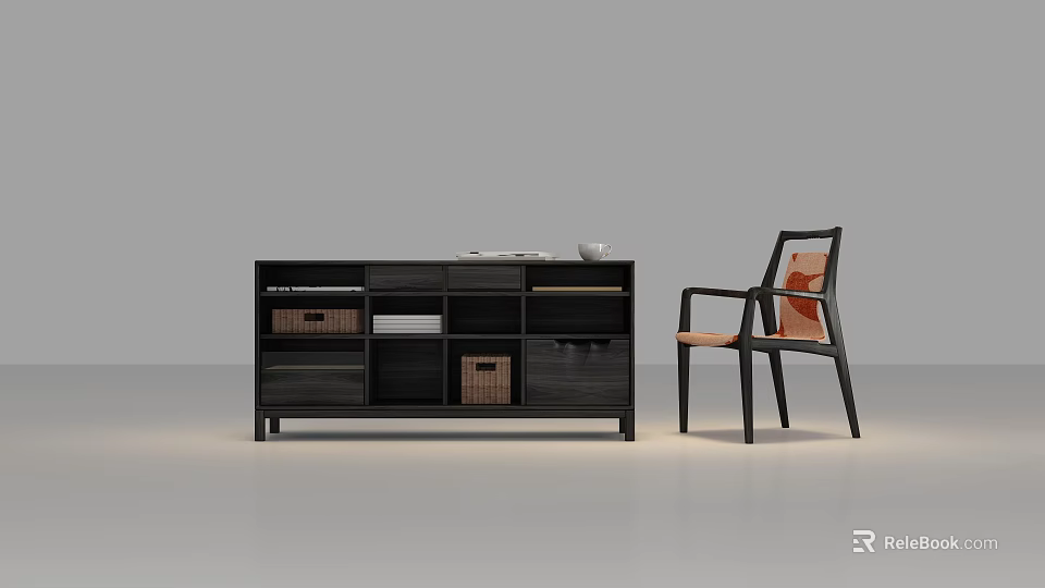 Modern Minimalist Entryway Dark Wood Console Cabinet With Storage Drawers Shelves And Accent Chair 3d model 