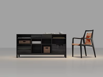 Modern Minimalist Entryway Dark Wood Console Cabinet With Storage Drawers Shelves And Accent Chair 3d model