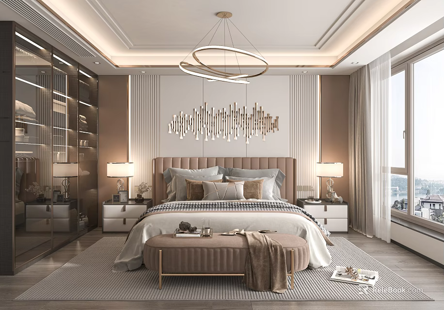 Elegant Modern Bedroom Interior With Decorative Headboard Circular Chandelier Nightstands And Bench 3d model 