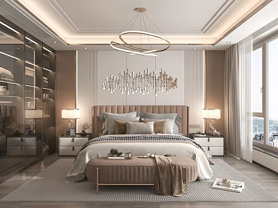 Elegant Modern Bedroom Interior With Decorative Headboard Circular Chandelier Nightstands And Bench 3d model