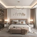 Elegant Modern Bedroom Interior With Decorative Headboard Circular Chandelier Nightstands And Bench
