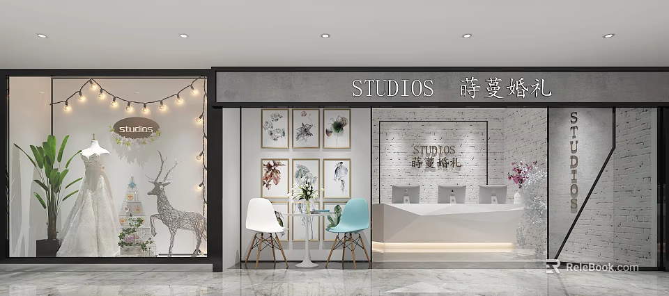 Elegant Bridal Studio Mall Store with Decorative Paintings Green Plants and Front Desk 3d model 