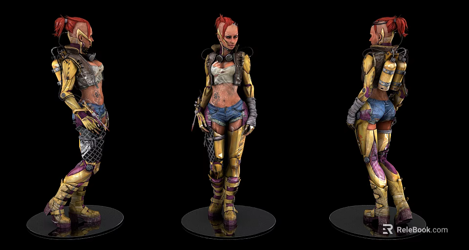 Game Movie Character 3D Model Red Hair Yellow Purple Armor Mechanical Parts Design 3d model 