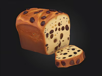 Golden Raisin Bread Loaf With Sliced Part And Tasty Raisins 3d model