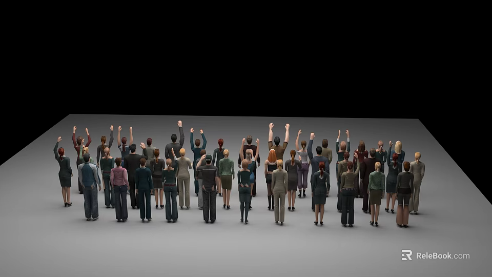 Group of People Standing Together with Some Raising Hands on Gray Floor 3d model 