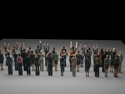 Group of People Standing Together with Some Raising Hands on Gray Floor 3d model