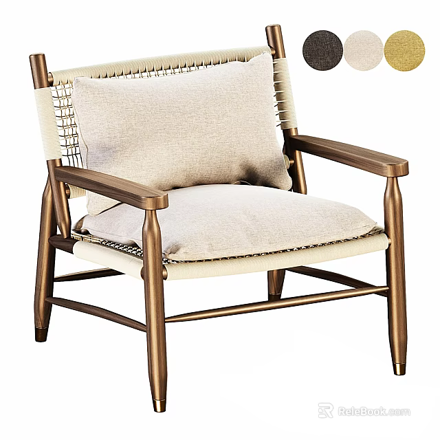 Modern Accent Chair With Bronze Metal Frame Woven Backrest And Beige Fabric Cushion 3d model 