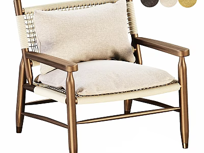 Modern Accent Chair With Bronze Metal Frame Woven Backrest And Beige Fabric Cushion 3d model