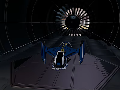 Blue And Black Spaceship Parked In Dark Space Station Tunnel With Large Circular Structure 3d model