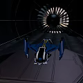 Blue And Black Spaceship Parked In Dark Space Station Tunnel With Large Circular Structure