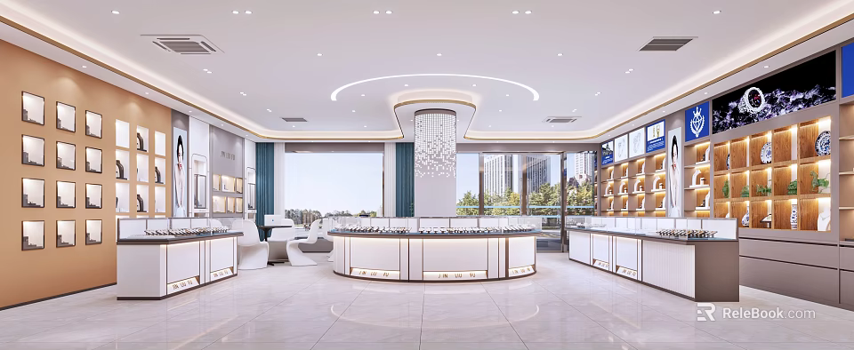 Modern Bright Boutique Interior With Display Counters Chandelier Large Windows And Display Shelves 3d model 