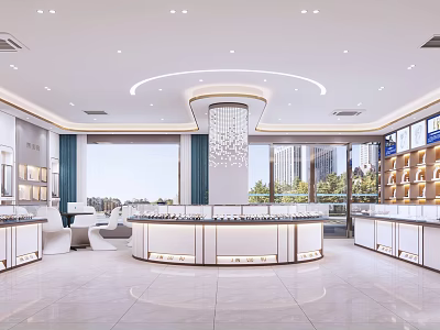 Modern Bright Boutique Interior With Display Counters Chandelier Large Windows And Display Shelves 3d model