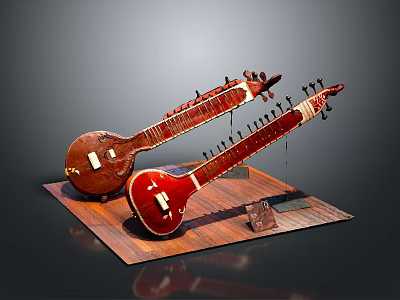 Two Traditional Sitar Musical Instruments Placed On Wooden Platform For Home Decor 3d model