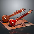 Two Traditional Sitar Musical Instruments Placed On Wooden Platform For Home Decor
