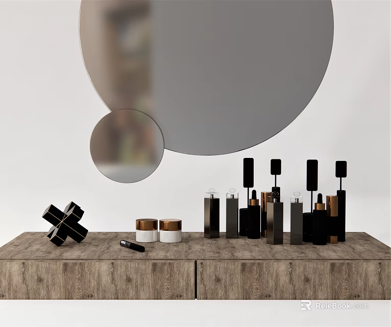 Elegant Perfume Cosmetics Collection On Wooden Table With Black Gold Bottles And Round Mirrors 3d model 