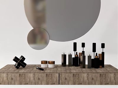 Elegant Perfume Cosmetics Collection On Wooden Table With Black Gold Bottles And Round Mirrors 3d model