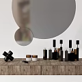 Elegant Perfume Cosmetics Collection On Wooden Table With Black Gold Bottles And Round Mirrors