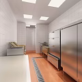 Commercial Restaurant Kitchen Featuring White Tiled Walls Stainless Steel Equipment Metal Worktables And Orange Flooring