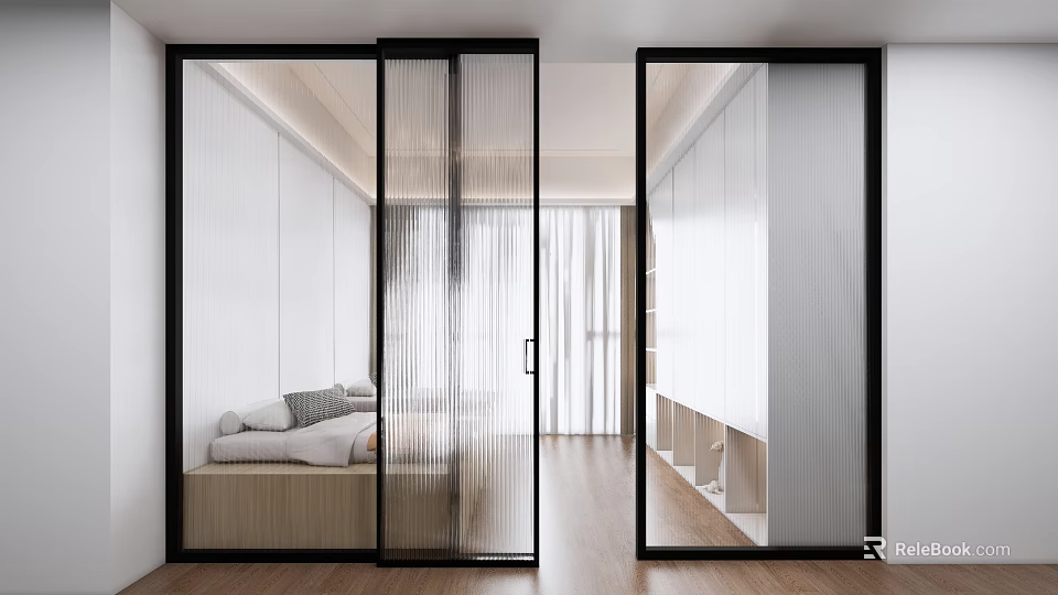 Modern Kids Room Interior Design With Sliding Glass Doors Wooden Flooring And Storage Cabinets 3d model 