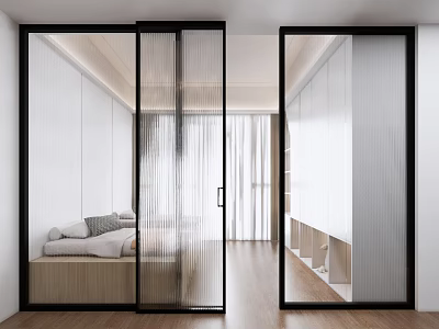 Modern Kids Room Interior Design With Sliding Glass Doors Wooden Flooring And Storage Cabinets 3d model
