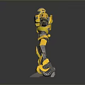 Yellow Mechanical Robot Character With Extended Arms Metallic Armor Shiny Surface And Detailed Joints