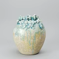 Three Decorative Vases with Green Plants Blue Green Textured Brown Ceramic and Black White Spotted