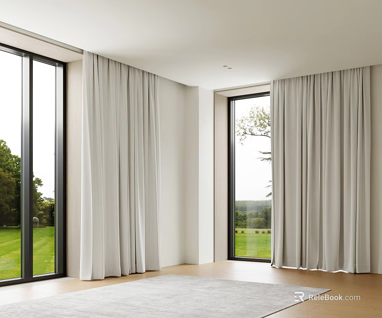 Light Gray Curtains In Modern Living Room With Large Windows Natural Light And Green View 3d model 