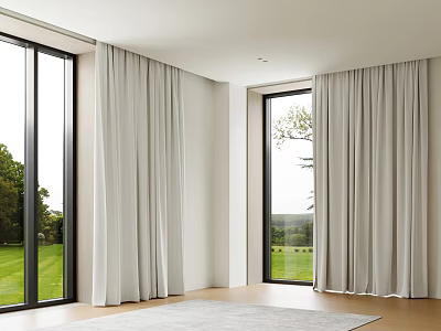 Light Gray Curtains In Modern Living Room With Large Windows Natural Light And Green View 3d model