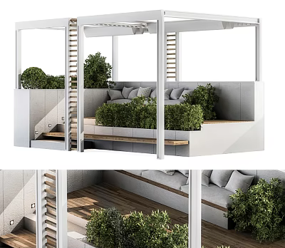 Contemporary Leisure Area Interior With White Frame Gray Sofa Green Plants And Wooden Floor 3d model