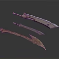 Three Ancient Weapons With Long Short And Curved Blades And Decorative Carvings