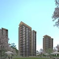 Modern Residential Buildings With Green Lawns Cherry Trees And Outdoor Seating