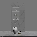 White Toilet Against White Marble Wall With Three Shelves Holding Towels Toiletries And Small Basket