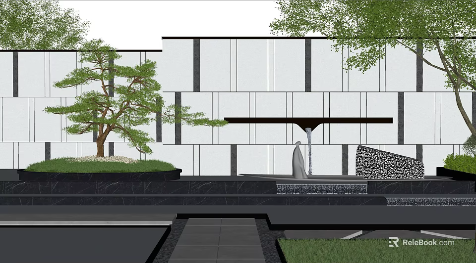 Modern Garden Landscape Design With Pine Tree Water Feature And Stone Path 3d model