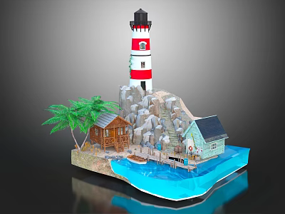 Cartoon Scene With Lighthouse Small Houses Palm Tree Rocks And Water Area 3d model